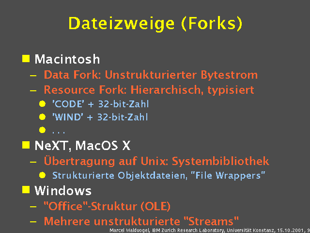 Macintosh. Data Fork: Unstrukturierter Bytestrom. Resource Fork: Hierarchisch, typisiert. 'CODE' + 32-bit-Zahl. 'WIND' + 32-bit-Zahl. . . .. NeXT, MacOS X. &Uuml;bertragung auf Unix: Systembibliothek. Strukturierte Objektdateien, "File Wrappers". Windows. "Office"-Struktur (OLE). Mehrere unstrukturierte "Streams". 