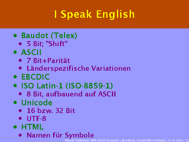 Baudot (Telex). 5 Bit; "Shift". ASCII. 7 Bit+Parität. Länderspezifische Variationen. EBCDIC. ISO Latin-1 (ISO-8859-1). 8 Bit, aufbauend auf ASCII. Unicode. 16 bzw. 32 Bit. UTF-8. HTML. Namen für Symbole. 