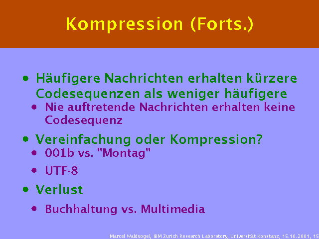 Häufigere Nachrichten erhalten kürzere Codesequenzen als weniger häufigere. Nie auftretende Nachrichten erhalten keine Codesequenz. Vereinfachung oder Kompression?. 001b vs. "Montag". UTF-8. Verlust. Buchhaltung vs. Multimedia. 