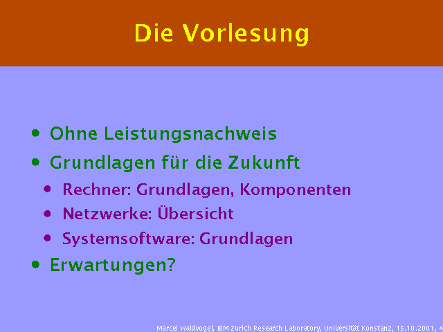 Ohne Leistungsnachweis. Grundlagen für die Zukunft. Rechner: Grundlagen, Komponenten. Netzwerke: Übersicht. Systemsoftware: Grundlagen. Erwartungen?. 
