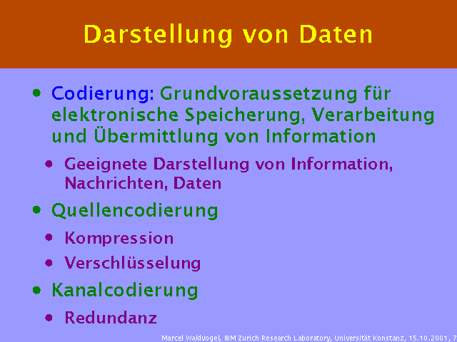 Codierung: Grundvoraussetzung für elektronische Speicherung, Verarbeitung und Übermittlung von Information. Geeignete Darstellung von Information, Nachrichten, Daten. Quellencodierung. Kompression. Verschlüsselung. Kanalcodierung. Redundanz. 