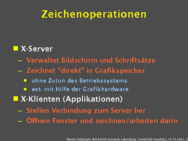 X-Server. Verwaltet Bildschirm und Schrifts&auml;tze. Zeichnet "direkt" in Grafikspeicher. ohne Zutun des Betriebssystems. evt. mit Hilfe der Grafikhardware. X-Klienten (Applikationen). Stellen Verbindung zum Server her. &Ouml;ffnen Fenster und zeichnen/arbeiten darin. 