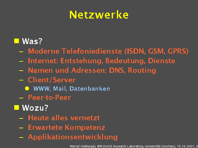 Was?. Moderne Telefoniedienste (ISDN, GSM, GPRS). Internet: Entstehung, Bedeutung, Dienste. Namen und Adressen: DNS, Routing. Client/Server. WWW, Mail, Datenbanken. Peer-to-Peer. Wozu?. Heute alles vernetzt. Erwartete Kompetenz. Applikationsentwicklung. 