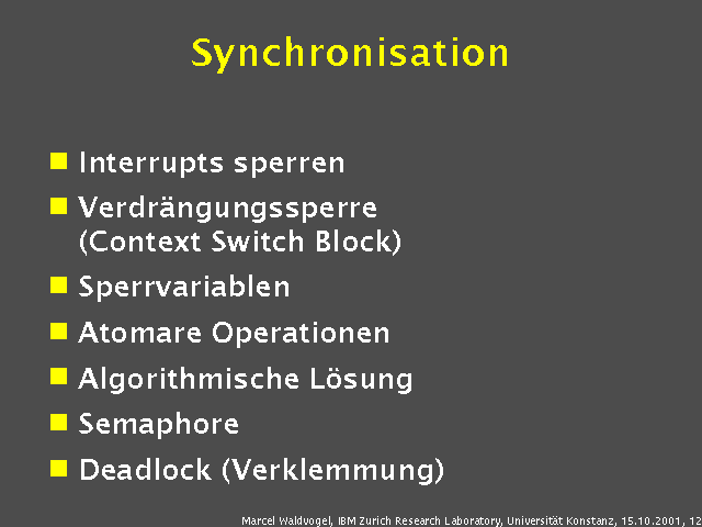 Interrupts sperren. Verdr&auml;ngungssperre (Context Switch Block). Sperrvariablen. Atomare Operationen. Algorithmische L&ouml;sung. Semaphore. Deadlock (Verklemmung). 
