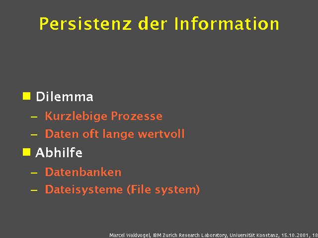 Dilemma. Kurzlebige Prozesse. Daten oft lange wertvoll. Abhilfe. Datenbanken. Dateisysteme (File system). 
