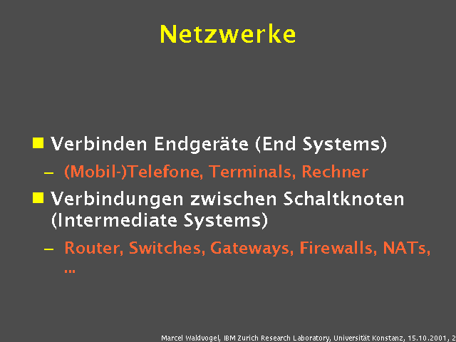Verbinden Endgeräte (End Systems). (Mobil-)Telefone, Terminals, Rechner. Verbindungen zwischen Schaltknoten (Intermediate Systems). Router, Switches, Gateways, Firewalls, NATs, .... 