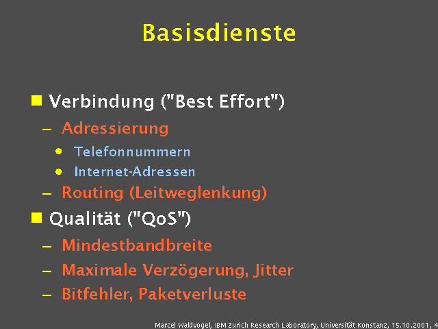 Verbindung ("Best Effort"). Adressierung. Telefonnummern. Internet-Adressen. Routing (Leitweglenkung). Qualit&auml;t ("QoS"). Mindestbandbreite. Maximale Verz&ouml;gerung, Jitter. Bitfehler, Paketverluste. 