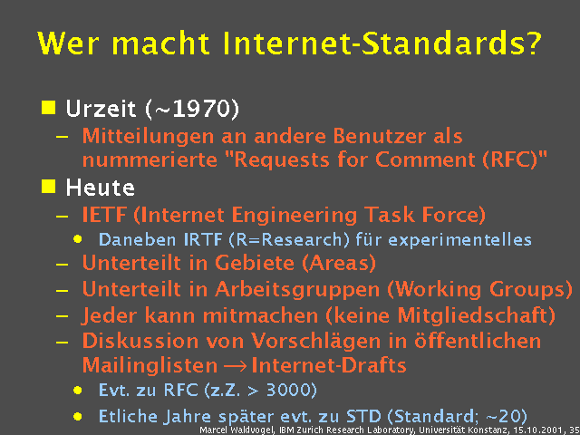 Urzeit (~1970). Mitteilungen an andere Benutzer als nummerierte "Requests for Comment (RFC)". Heute. IETF (Internet Engineering Task Force). Daneben IRTF (R=Research) f&uuml;r experimentelles. Unterteilt in Gebiete (Areas). Unterteilt in Arbeitsgruppen (Working Groups). Jeder kann mitmachen (keine Mitgliedschaft). Diskussion von Vorschl&auml;gen in &ouml;ffentlichen Mailinglisten &reg; Internet-Drafts. Evt. zu RFC (z.Z. > 3000). Etliche Jahre sp&auml;ter evt. zu STD (Standard; ~20). 