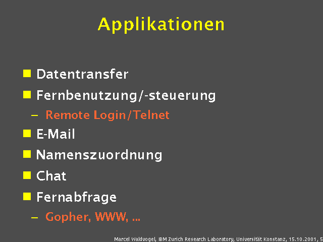 Datentransfer. Fernbenutzung/-steuerung. Remote Login/Telnet. E-Mail. Namenszuordnung. Chat. Fernabfrage. Gopher, WWW, .... 