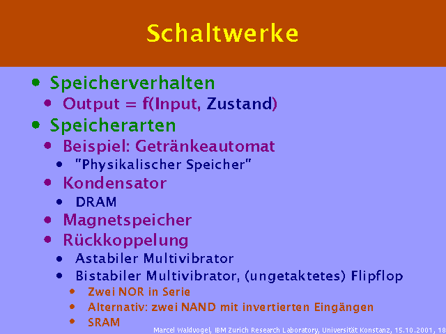 Speicherverhalten. Output = f(Input, Zustand). Speicherarten. Beispiel: Getränkeautomat. "Physikalischer Speicher". Kondensator. DRAM. Magnetspeicher. Rückkoppelung. Astabiler Multivibrator. Bistabiler Multivibrator, (ungetaktetes) Flipflop. Zwei NOR in Serie. Alternativ: zwei NAND mit invertierten Eingängen. SRAM. 