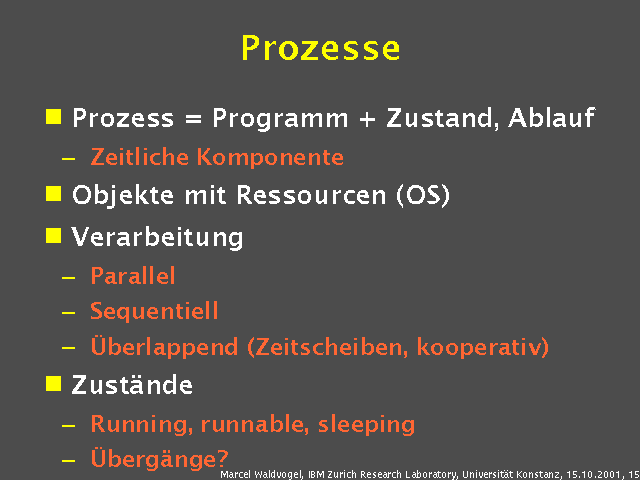 Prozess = Programm + Zustand, Ablauf. Zeitliche Komponente. Objekte mit Ressourcen (OS). Verarbeitung. Parallel. Sequentiell. Überlappend (Zeitscheiben, kooperativ). Zustände. Running, runnable, sleeping. Übergänge?. 