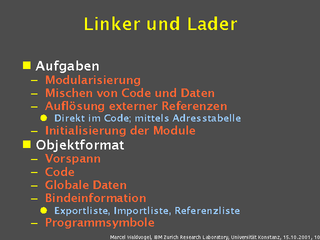 Aufgaben. Modularisierung. Mischen von Code und Daten. Aufl&ouml;sung externer Referenzen. Direkt im Code; mittels Adresstabelle. Initialisierung der Module. Objektformat. Vorspann. Code. Globale Daten. Bindeinformation. Exportliste, Importliste, Referenzliste. Programmsymbole. 