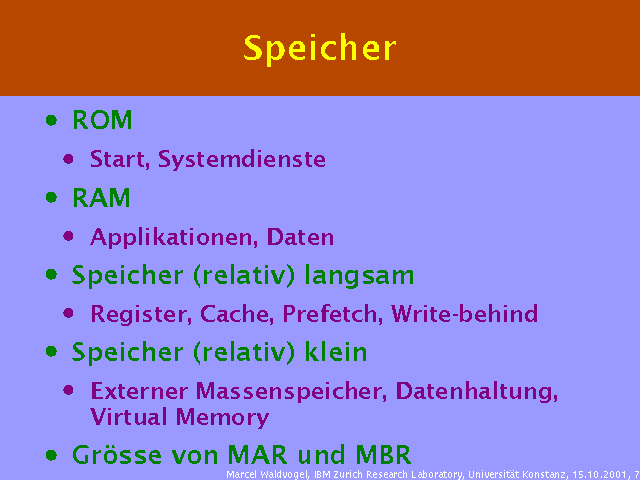 ROM. Start, Systemdienste. RAM. Applikationen, Daten. Speicher (relativ) langsam. Register, Cache, Prefetch, Write-behind. Speicher (relativ) klein. Externer Massenspeicher, Datenhaltung, Virtual Memory. Grösse von MAR und MBR. 